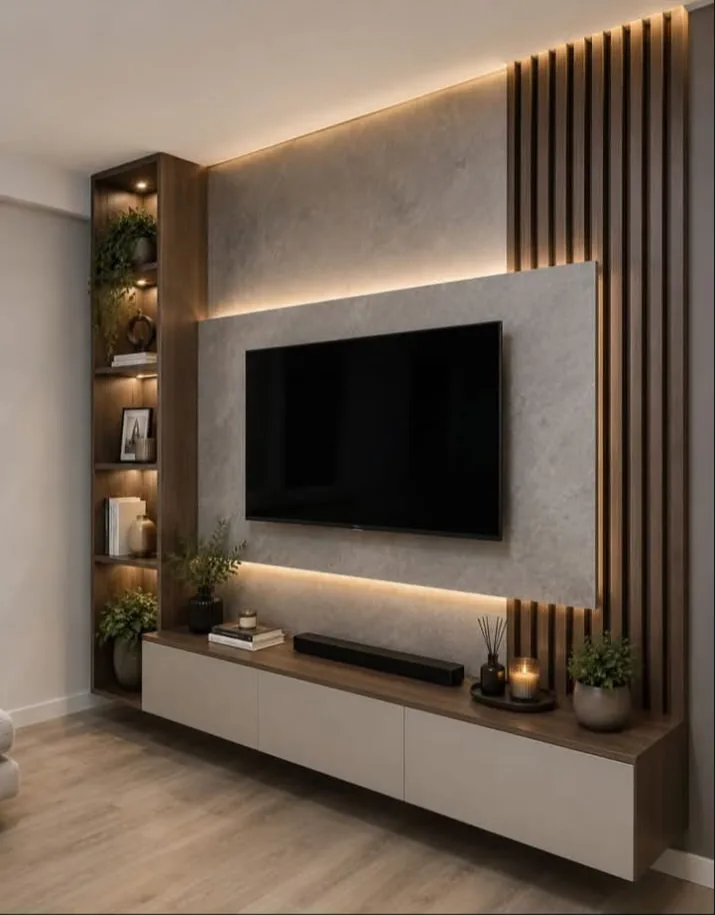 Painel de TV planejado com ripado de madeira e iluminação embutida